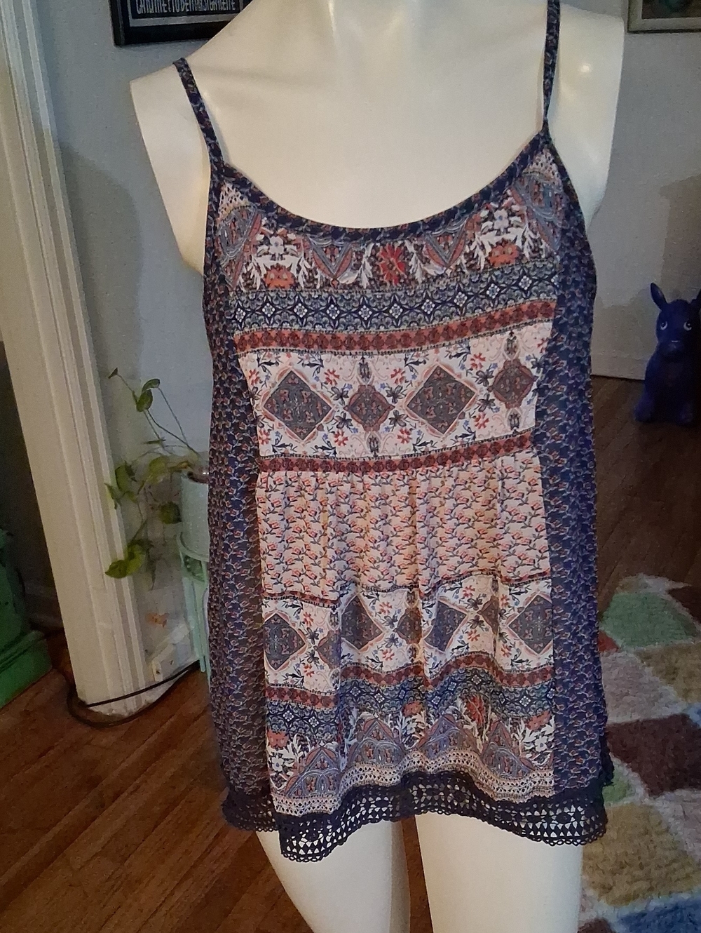 Knox Rose Blue and Cream Sheer  Printed Spaghetti Strap Camisole